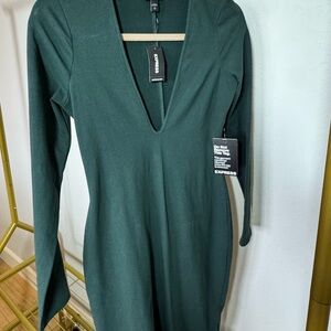 Express Deep V Long Sleeve Dress in Dark Green
